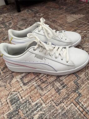 PUMA White Leather Sneakers with Pastel Rainbow Stripe